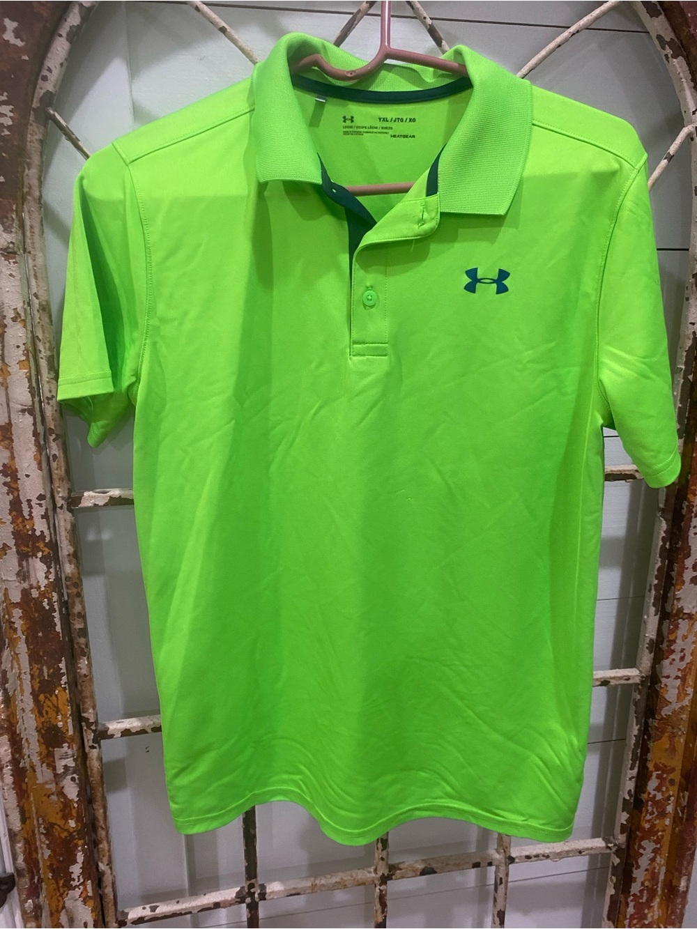 Under Armour Neon Green Boys' Performance Polo with Navy Logo Youth XL